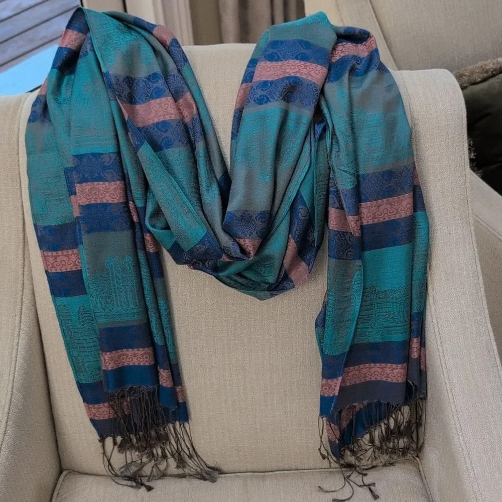 Elegant Multicolor Silk Mixed Stripe Jacquard Scarf Wrap with Fringe